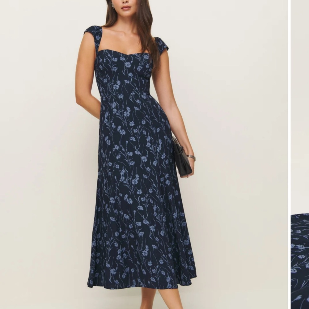 Reformation Floral Navy Blue Dress